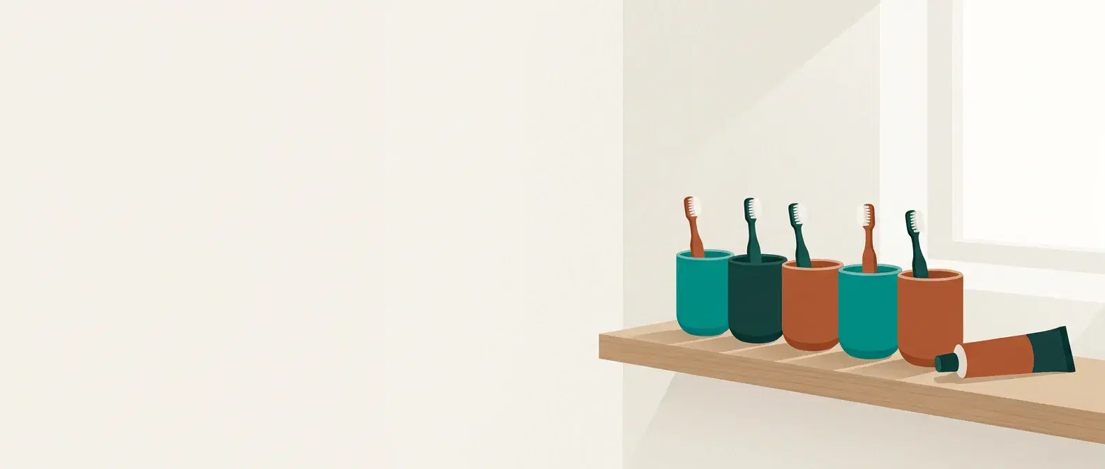 Illustration of children's toothbrushes standing in cups on a nursery shelf